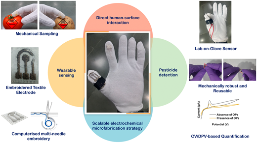 Wearable lab-on-glove systems offer the possibility of in situ electrochemical analysis for non-destructive detection by enabling direct human–surface interaction.