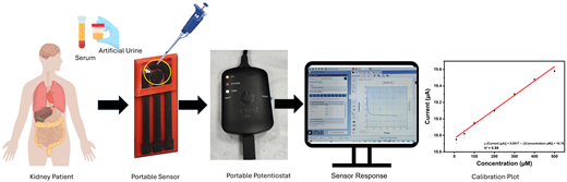 A miniaturized, 3D-printed electrochemical biosensor functionalized with MWCNTs and uricase enables rapid, ultrasensitive uric acid detection in serum, providing a scalable and low-cost platform for portable point-of-care diagnostics.
